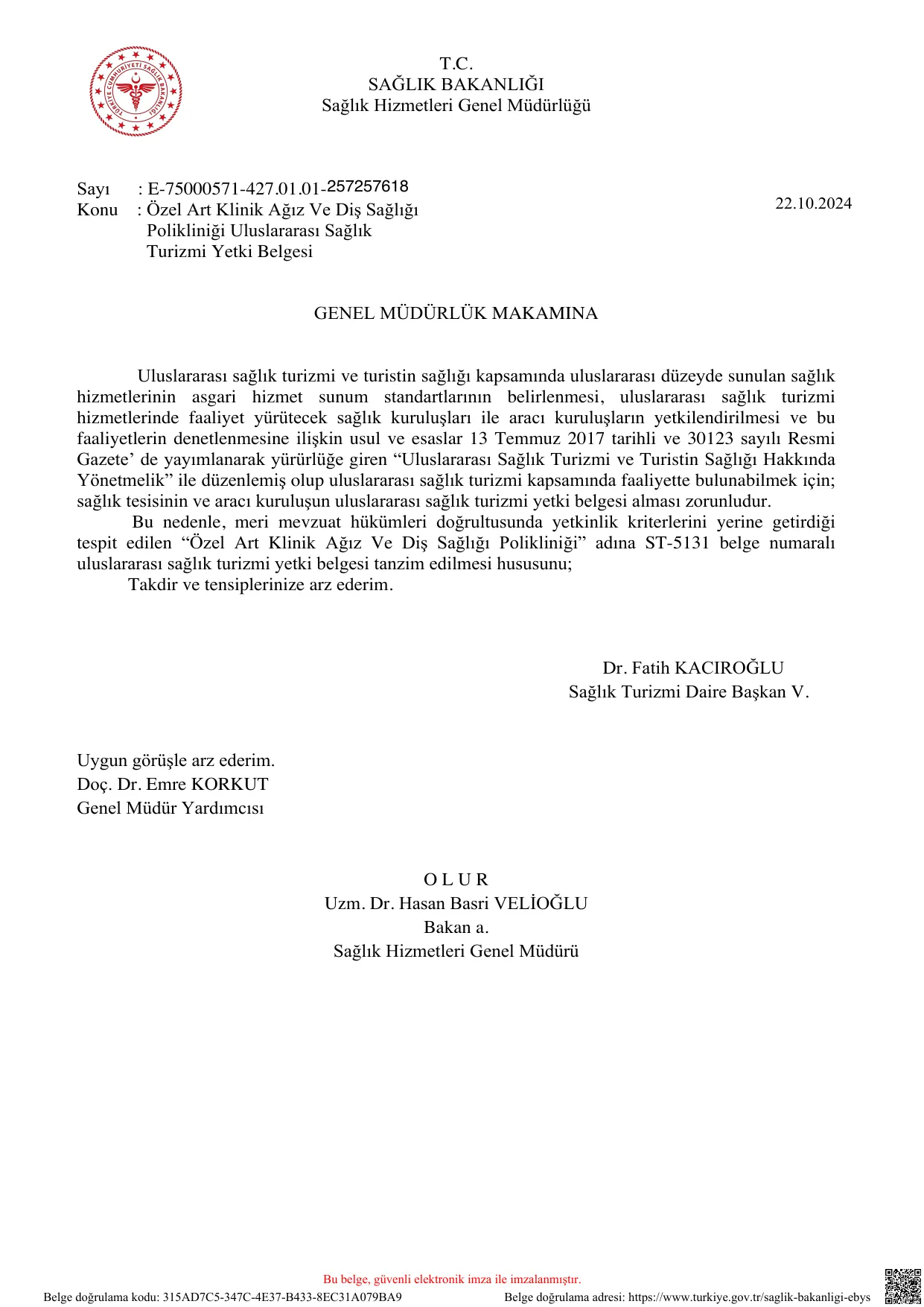 First page of Private Art Clinic's International Health Tourism Authorisation Certificate